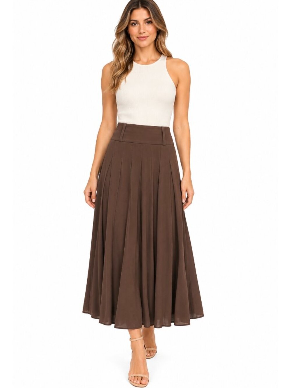 Armine High-Waisted Pleated Maxi Skirt In Brown Size 44 US 14